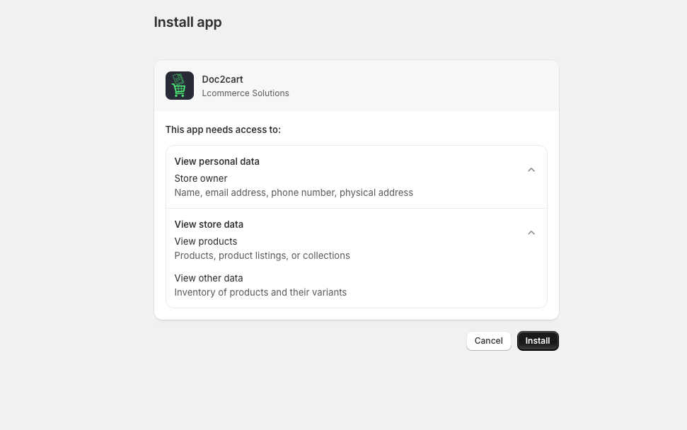 Installing Doc2cart App with permission request screen