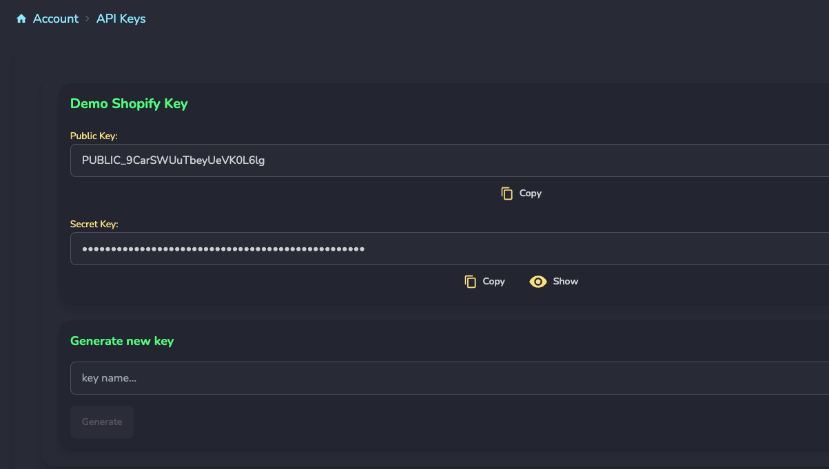 Doc2cart API Keys generation page