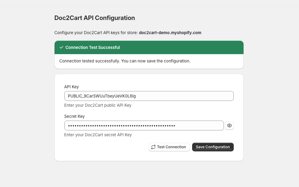 Doc2cart API configuration with successful connection test