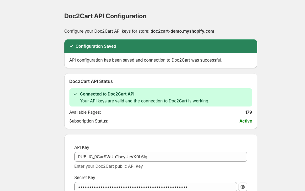 API connection status panel showing successful connection