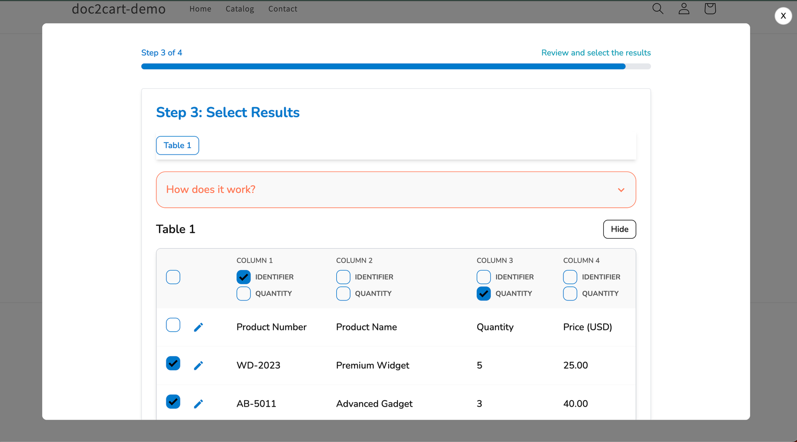 Doc2cart import modal showing uploaded document