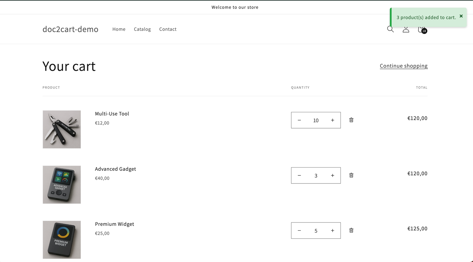 Cart page with imported products and success message